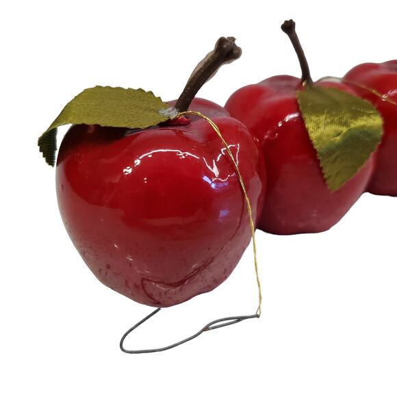 Vintage Red Apple Christmas Ornaments Light Weight Shiny Red Apples Green Silk - Picture 4 of 9